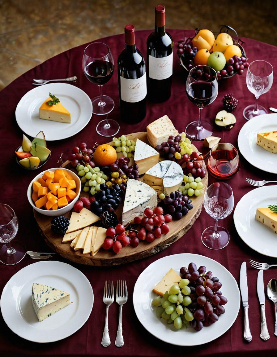 A beautifully arranged table featuring an elegant spread of gourmet dishes paired with exquisite wine glasses, showcasing vibrant colors of the food and the deep reds and whites of the wines. Include elements like cheese platters, fruits, and decorative wine bottles, set against a soft, warm background that highlights a celebratory atmosphere. The scene should evoke a sense of refinement and indulgence. super-realistic. vibrant colors. soft background.