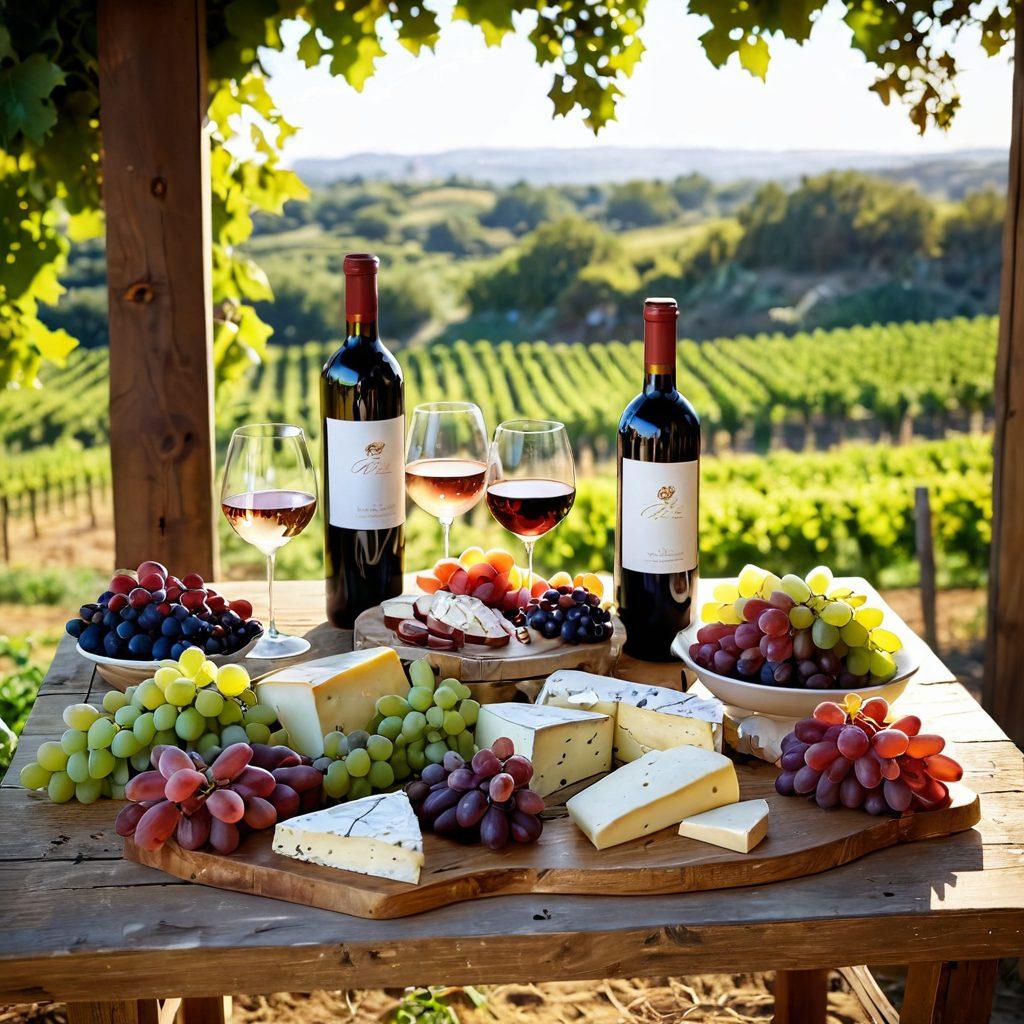 A beautifully arranged rustic wooden table showcasing an assortment of wine bottles, deep red, crisp white, and blush rosé, surrounded by fresh grapes and delicate cheese platters. Soft golden sunlight filters through a vineyard backdrop, capturing a serene and joyful atmosphere, inviting viewers to explore the pleasures of wine. super-realistic. vibrant colors. warm tones.