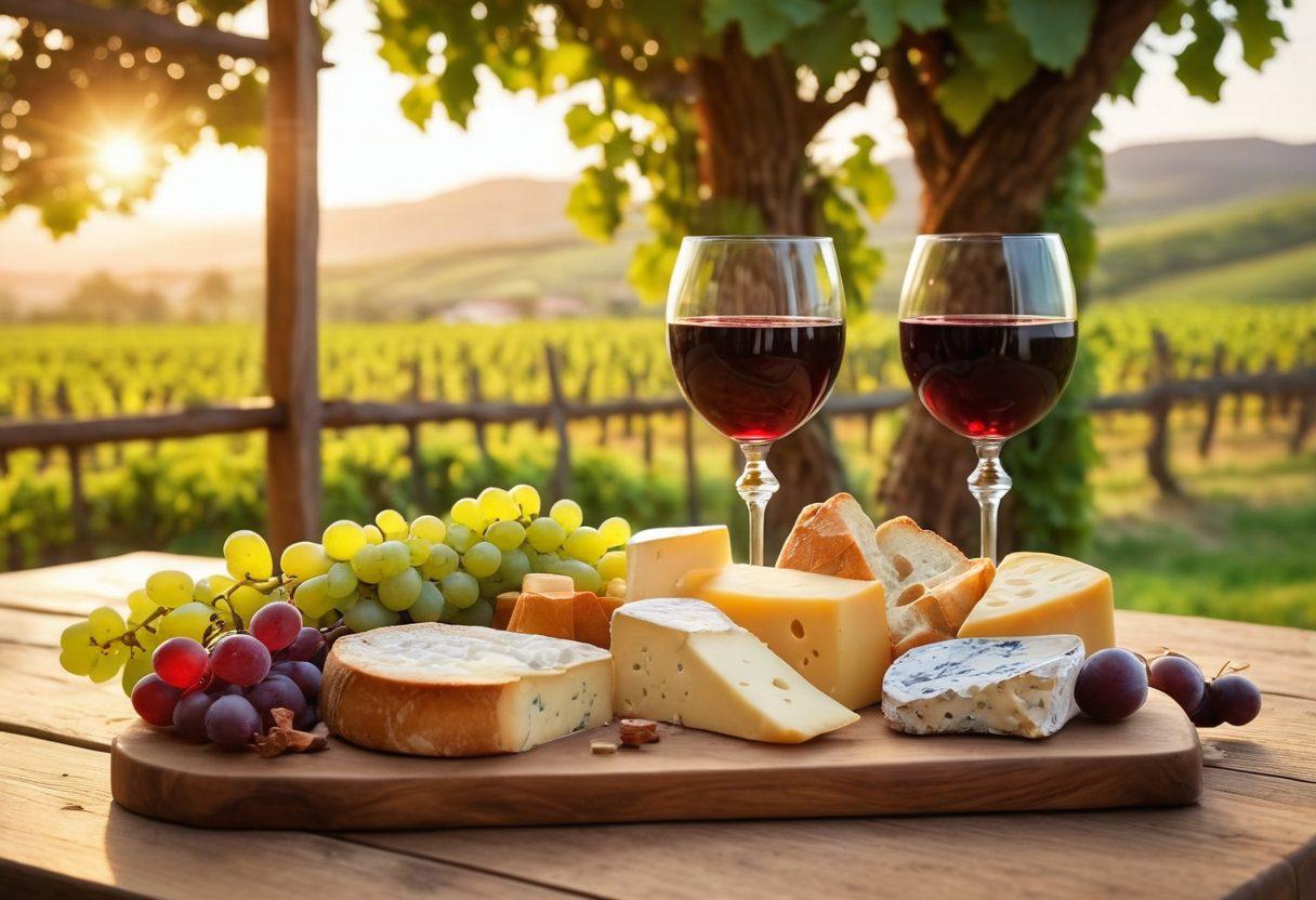 A picturesque vineyard at sunset, with lush green grapevines entwined in a wooden trellis. In the foreground, a beautifully crafted wine glass half full of red wine captures the glowing sunlight. A rustic wooden table displays a selection of assorted cheeses and bread, enhancing the wine experience. Soft bokeh effects in the background create a magical atmosphere. vibrant colors. super-realistic.